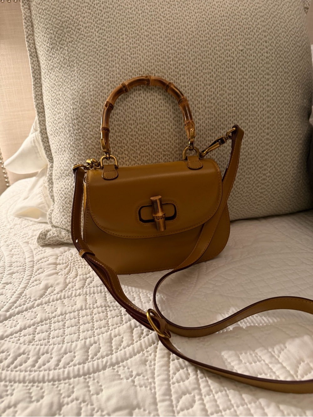 Bamboo-Handle Leather Shoulder Bag in Mustard